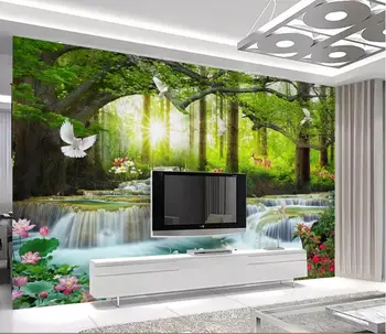 

CJSIR Custom Nature Landscape 3d Wallpaper Green Big Tree Forest Waterfall Deer Landscape Living Room Bedroom 3d Wallpaper