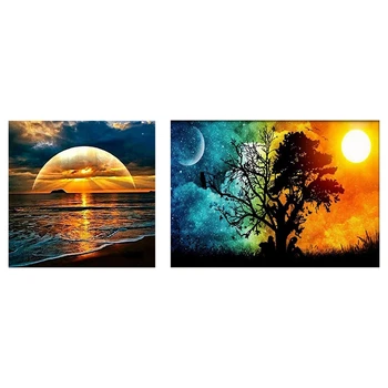 

2 Set 5D DIY Diamond Painting Embroidery Craft Cross Stitch Painting Home Decor, "Wish Tree Sun and Moon" & "Sunset"