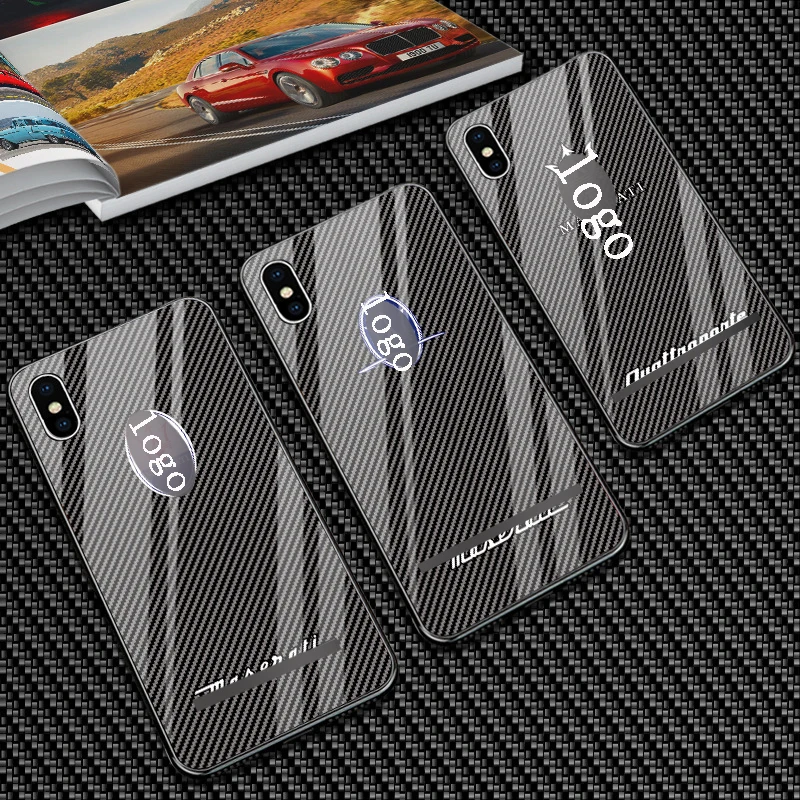 

For Maserati car logo for iPhone 7 and tempered glass case for iPhone X/XS/XR/XSMAX/ 6 6S Plus carbon fiber pattern housing