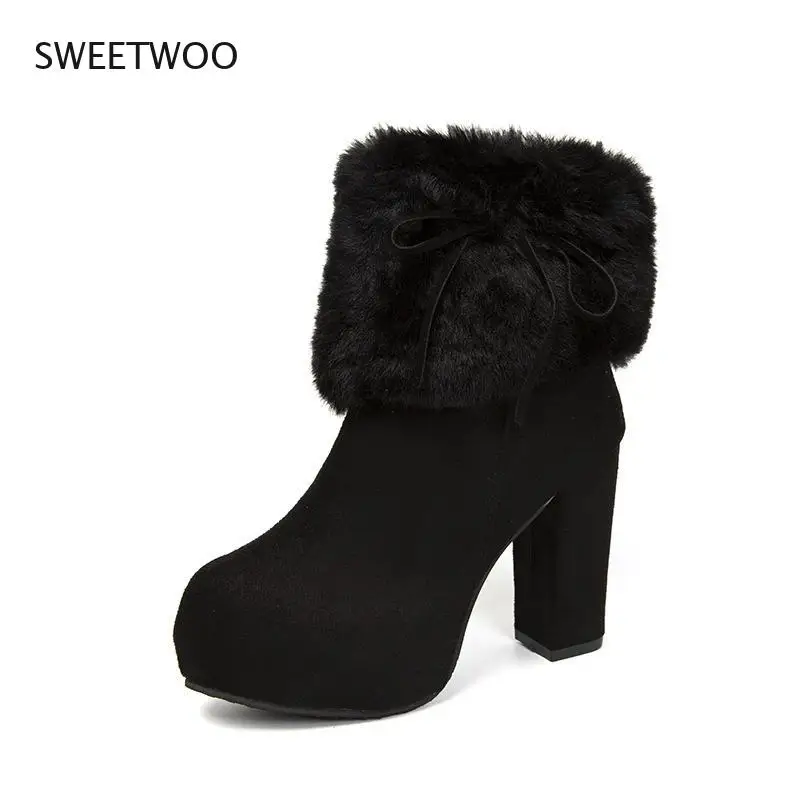 Women Thick Platform High Heel Boots Waterproof Velvet Ankle Boots For Winter 2021