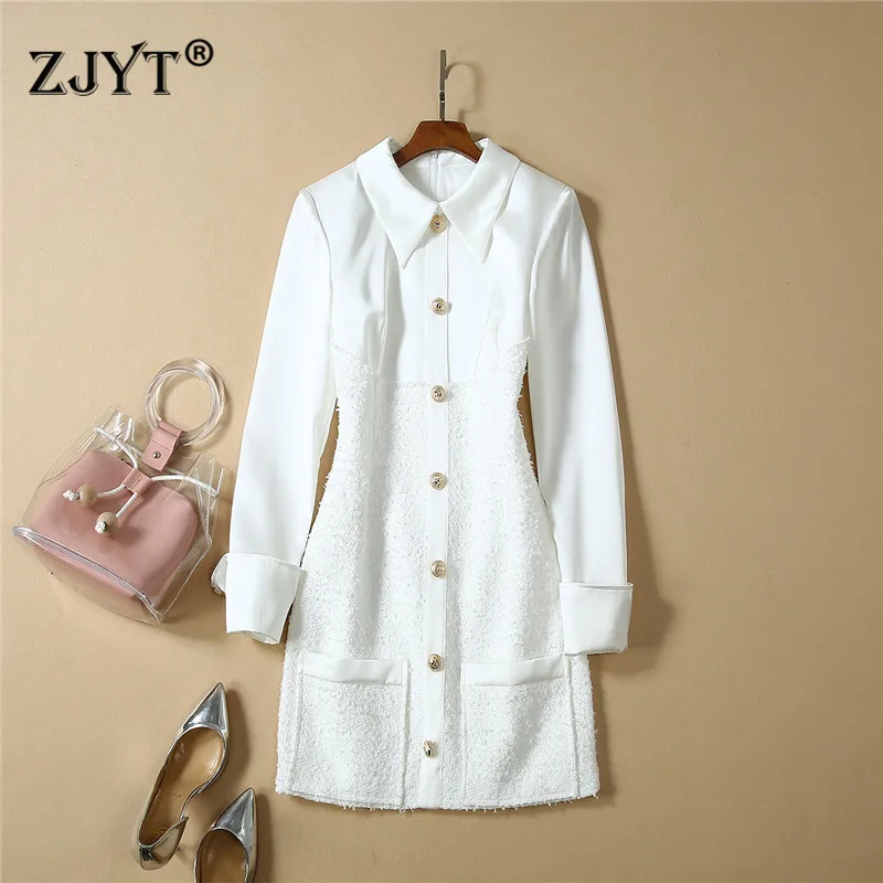 

Fashion New Autumn Runway Dress Women's Designer Turn Down Collar Full Sleeve Woolen Patchwork White Celebrity Party Dress
