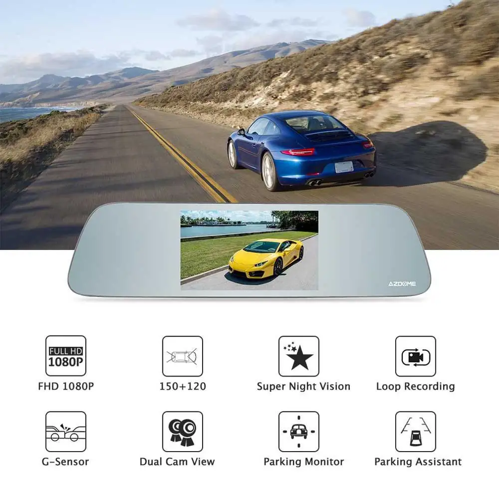

AZDOME Pg01 Night Vision Mirror Dash Cam Dual Lens 1080P 720P Camera Recorder 5.5 "Ips Touch Screen Car Rear View Camera Dvr