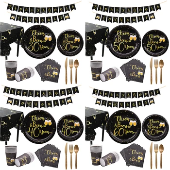 

1Set Birthday Party Tableware Paper Banner Disposable Tablecloth Plates Cheers TO 30 40 50 Years Birthday Decoration Adult