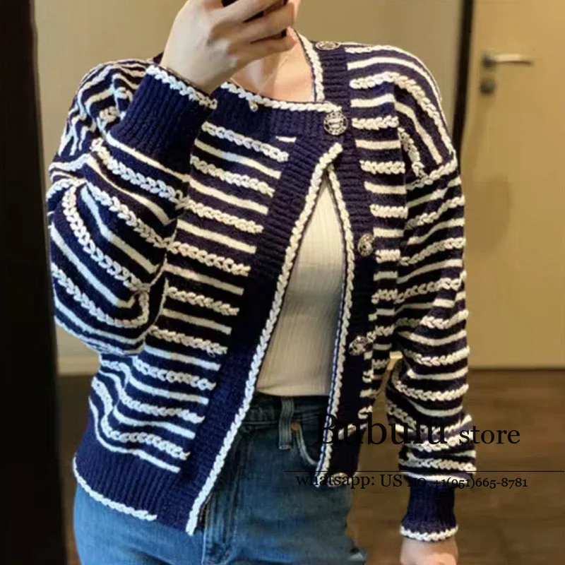 luxury design 2020 New Graceful Women sweaters Striped navy blue Loose round Neck Long-Sleeve Knitwear sweater Jumpers Cardigan