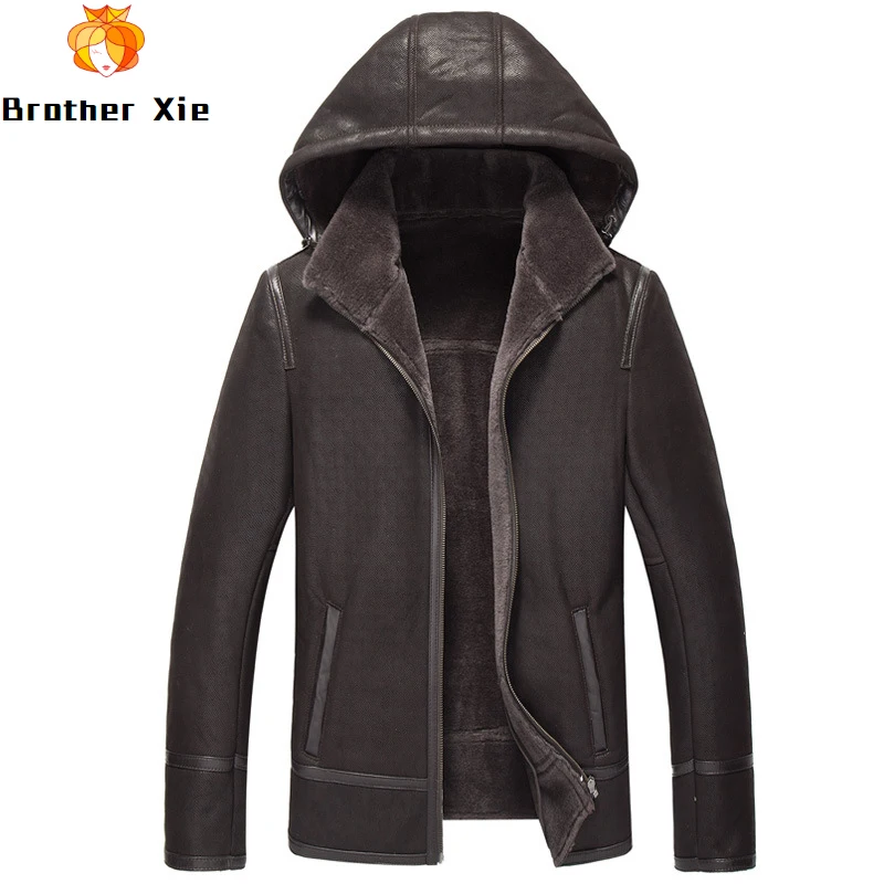 

Mens Genuine Shearling Leather Jacket Thicken Fleece Warm Hooded Winter Real Leather Jacket and Coat for Male R2955