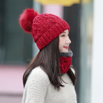 

Calymel Scarf and Hat Sets Autumn Winter Velvet Thick Hat Simple Neckerchief Women 2019 New Knitted Warmer Wool Cap Beanies