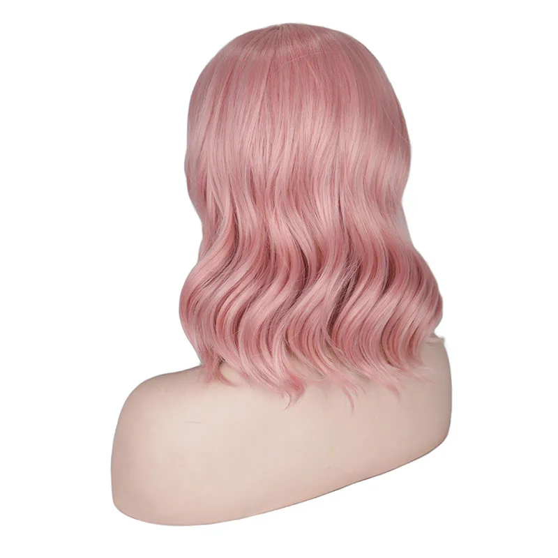 WHIMSICAL W Short Natural Wave Hair Wigs with Bangs Pink Beige Orane Heat Resistant Hair Synthetic Wig for Women
