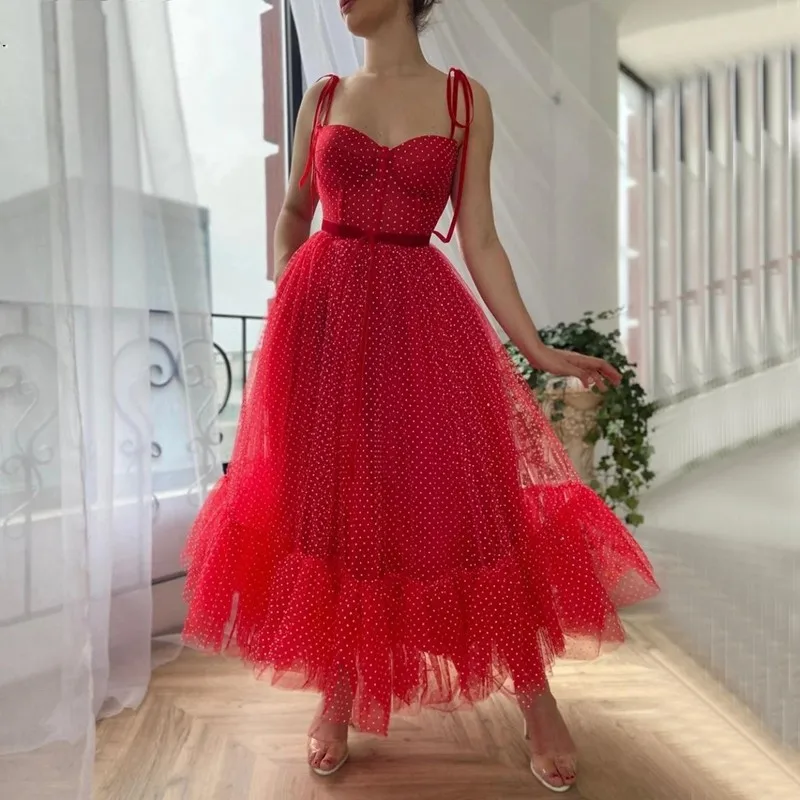 

Red Simple Small Round Pattern Evening Dresses A-Line Straps Ankle Length Formal Dress Banquet Gown robe de soriee