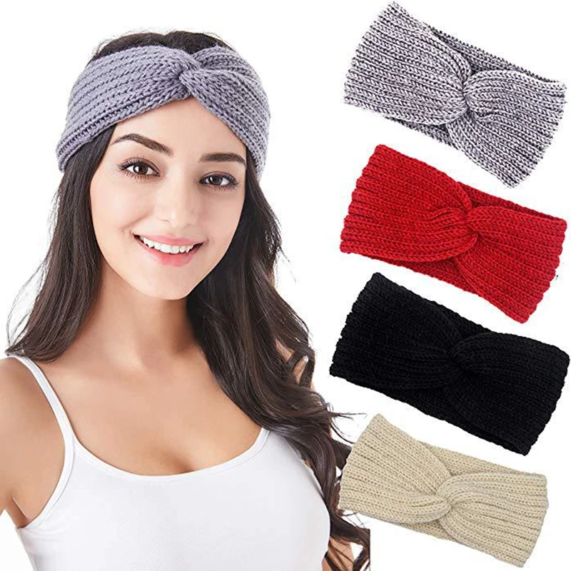 

New Knitted Headband Winter Warm Solid Color Women Turban Bow Elastic Hair Band Headwrap Hairband Girls Elegant Hair Accessories