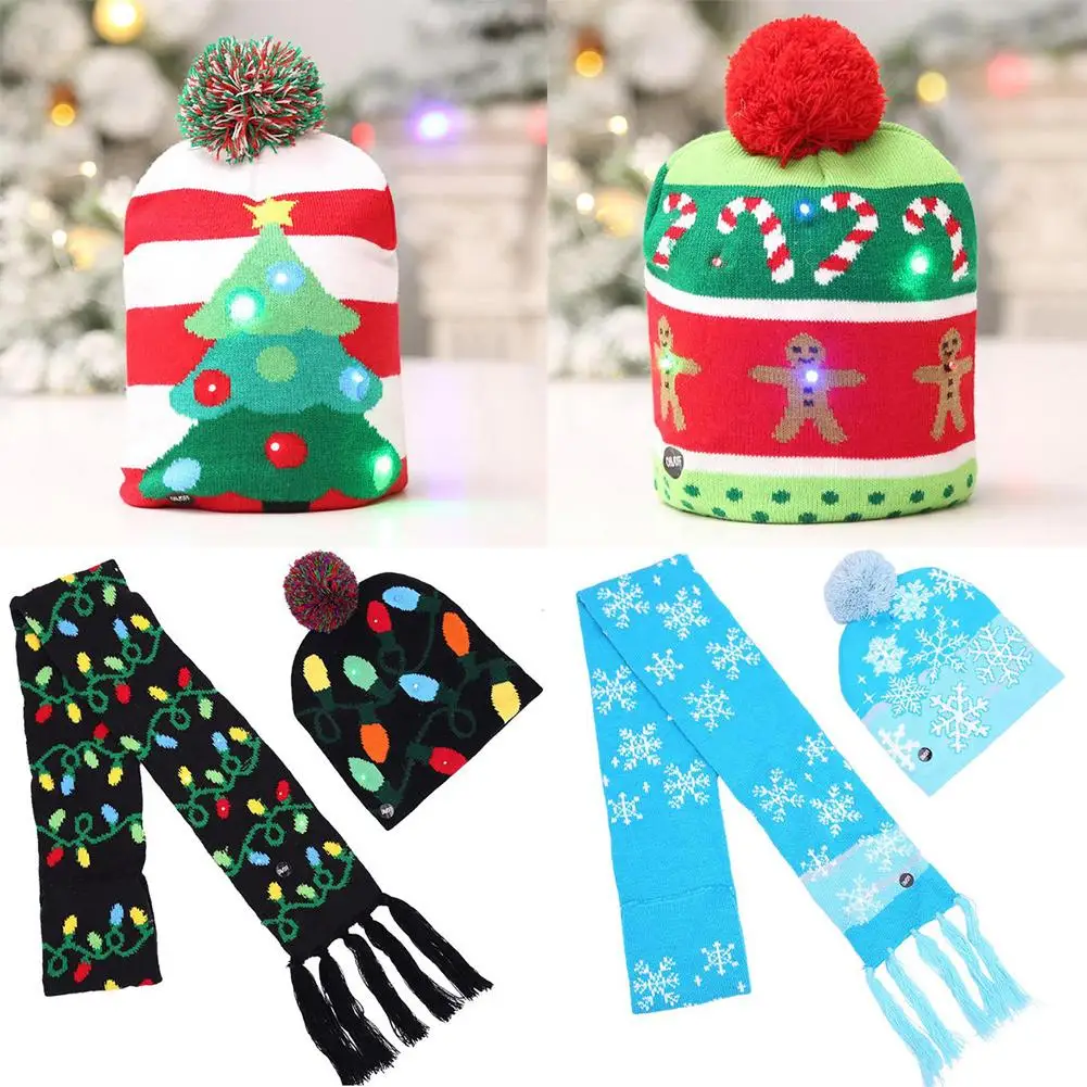Для взрослых детей прекрасный Рождественский светодиодный светильник бини вязанная теплая шапка набор из шапки и шарфа быстрый и простой способ нарядить ваш праздничный подарок