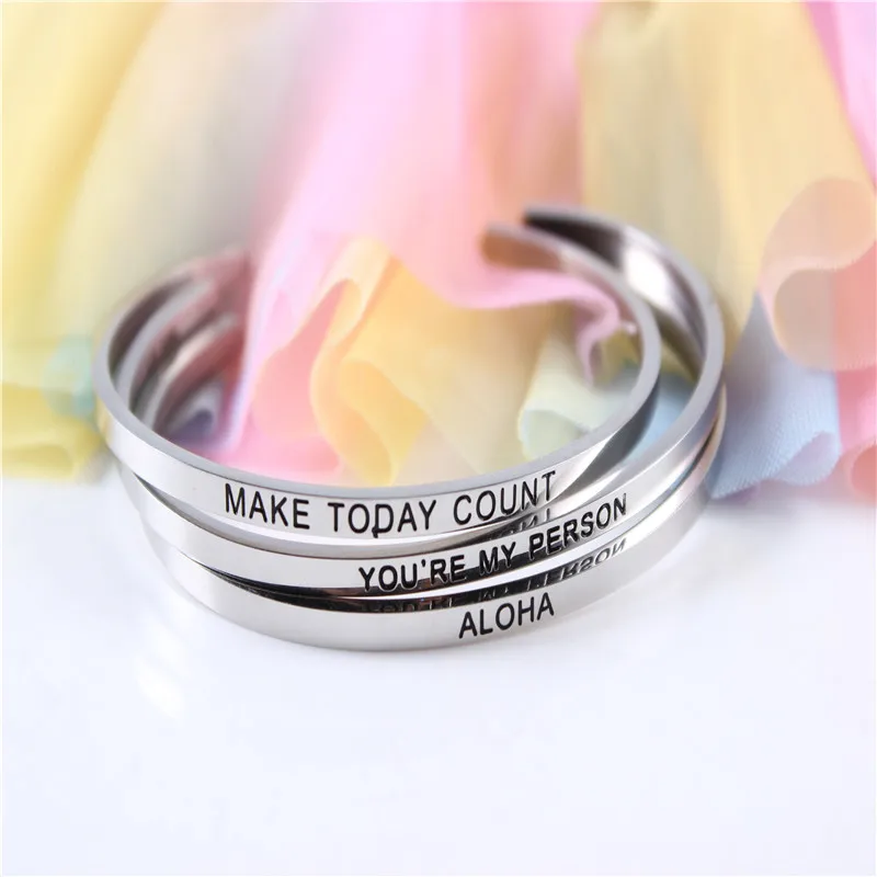 

BR Customized Carving Make Today Count Inspirational Quote Mantra Bangle Bracelet For Women Stainless Steel Cuff Bangle