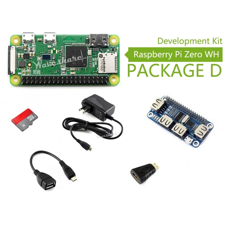 Raspberry Pi Zero WH(встроенный WiFi, предварительно припаянные коннекторы) Тип D, карта Micro SD, адаптер питания, usb-хаб, основные компоненты