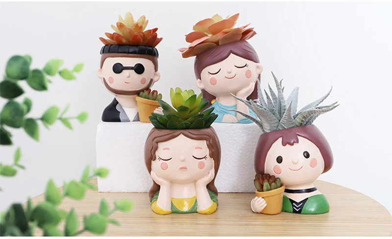 Cute Human Face Vase Succulent Planter Resin Vase Cartoon Character Decorative Head Face Flower Pot Indoor Desktop Ornaments