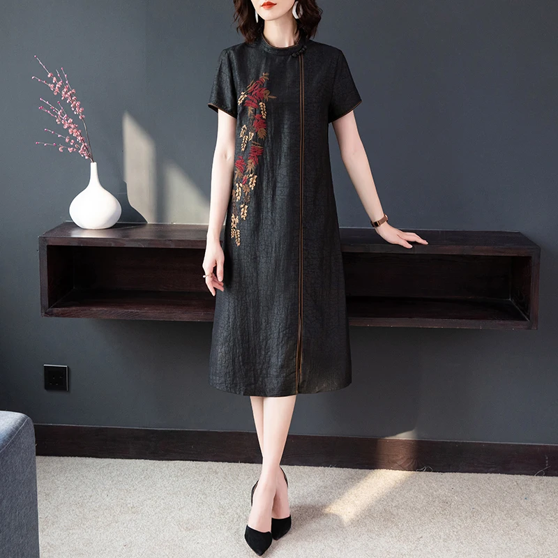 

Chinese style dress for women long summer 2020 new Short-sleeved dress ladies improved cheongsam dress elegant Imitation silk