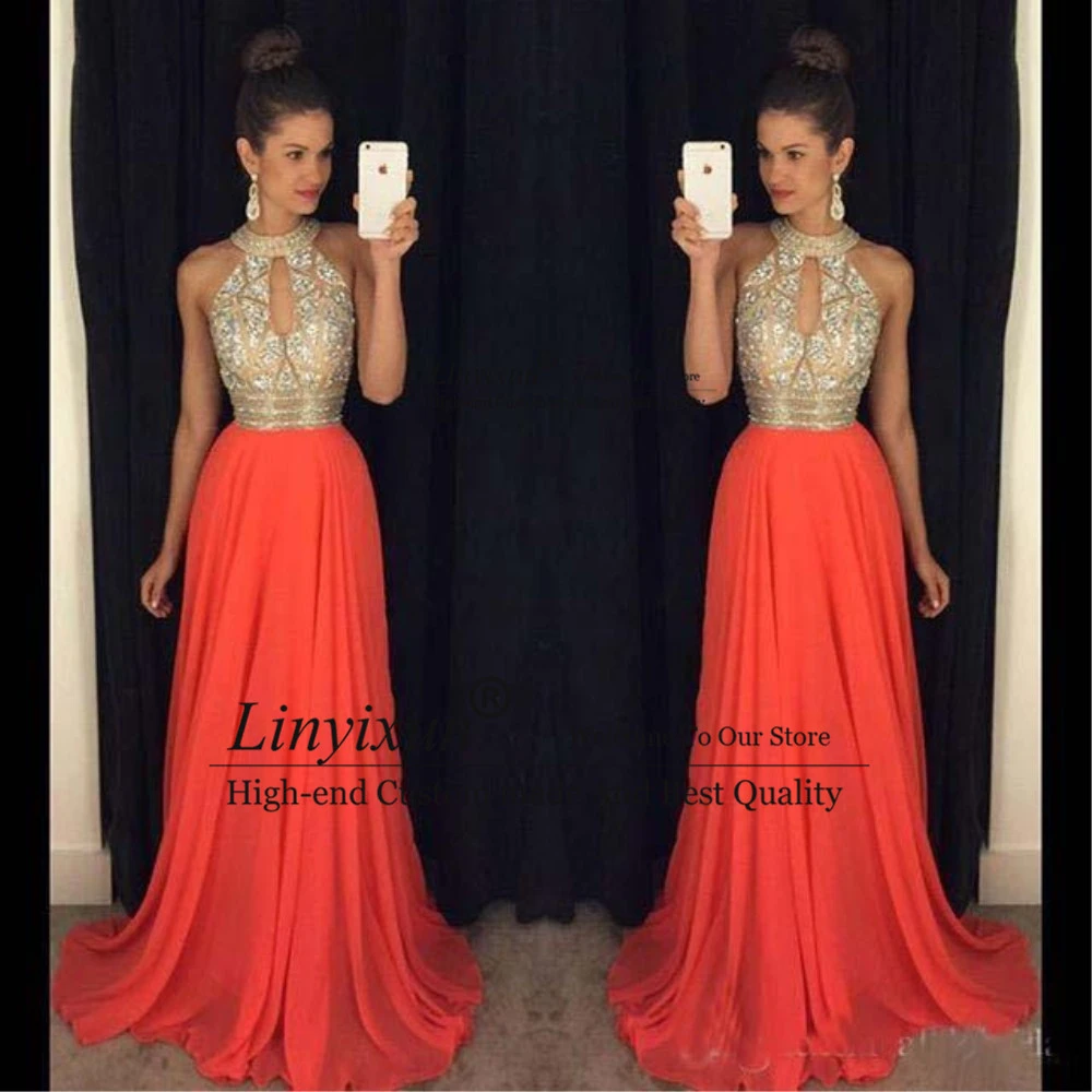 de Fiesta largos naranja sin mangas, vestido de noche Formal línea A, de gasa, color naranja, 2021|Vestidos de graduación| - AliExpress