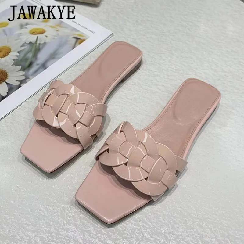New Braided Real Leather Beach Slippers for Woman Peep Toe Weaving Crystal Flat Slippers Candy Color Summer Sandals Women
