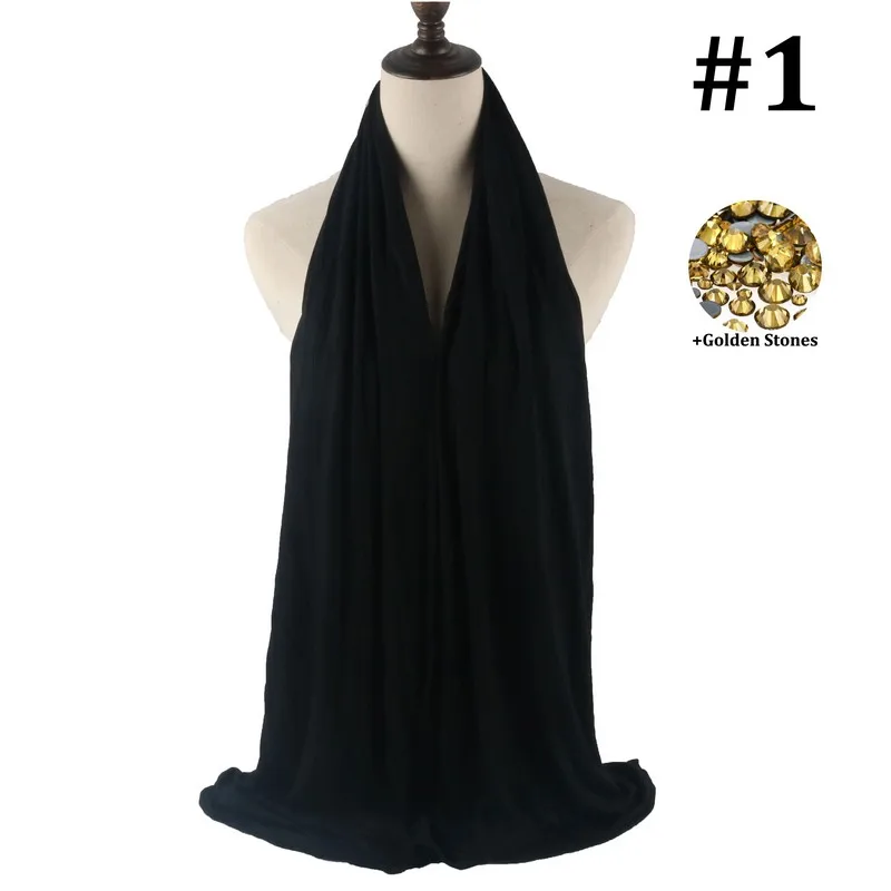 Цена Популярные каменные хиджаб из Джерси шарф эластичные шали с кристаллами для мусульманских женщин - Цвет: 1-Golden stones