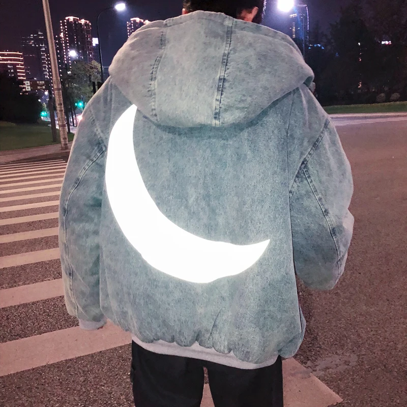 

Winter Jacket Men's Warm Thick Fashion Reflective Cowboy Parka Men Streetwear Cotton Hooded Coat Man Hip Hop Loose Male Clothes