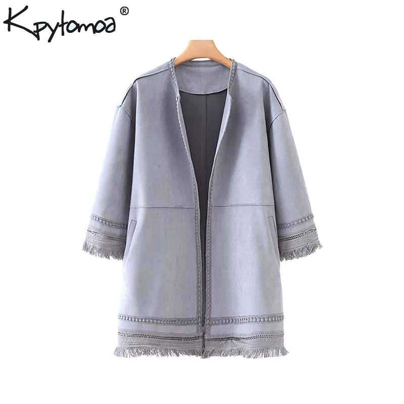 lower price  Vintage Stylish Tassel Patchwork Open Stitch Jacket Coat Women 2020 Fashion Long Sleeve Loose Ladie