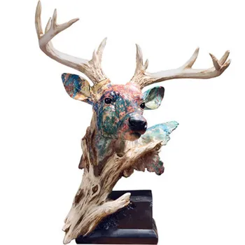 

42CM Faux Wood Deer Head Statue Painting Art Animal Decorative Figurine Resin Art&Craft Home Decoration M4383