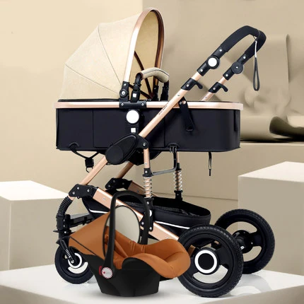 Belecoo high landscape Baby Pram 3 in 1 baby stroller two-way Carriage folding light four-wheel shock absorber baby trolly - Цвет: khaki 3