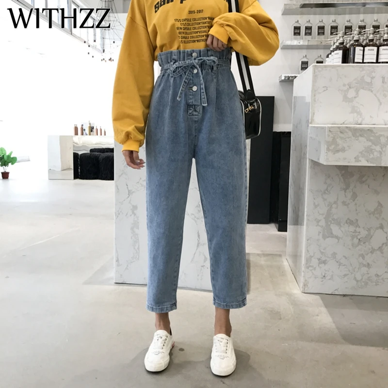 Синий WITHZZ осень высокая талия модные эластичные штаны, брюки женские многокнопочные эластичные талии шаровары джинсы - Цвет: Синий