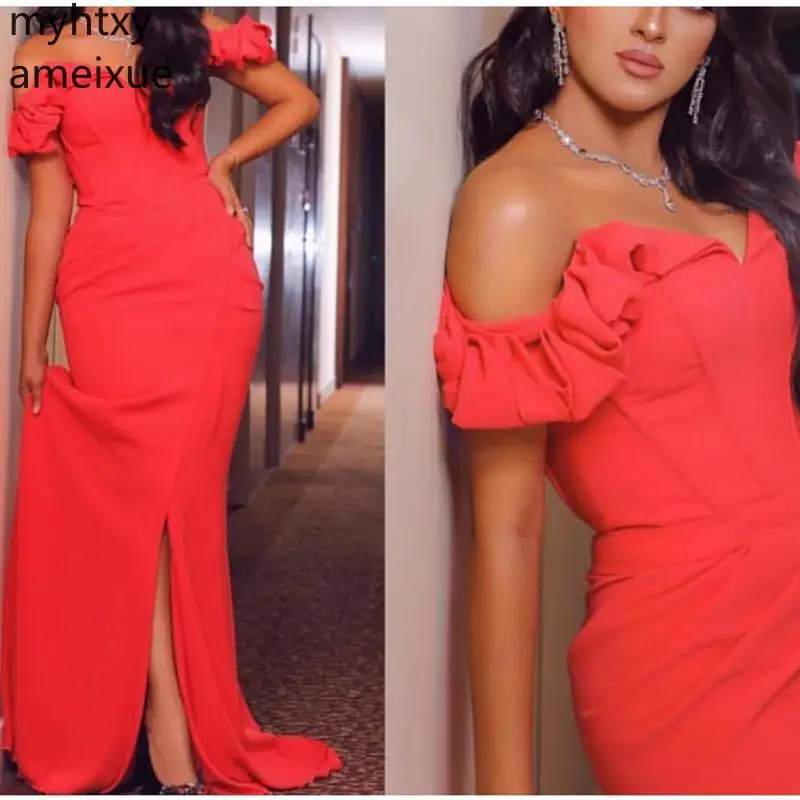 

New Simple Custom Plus Size Evening Gown Dresses For Women 2021 Side Slit Gowns Cheap Dubai Arabic Muslim Dress Robe De Soiree