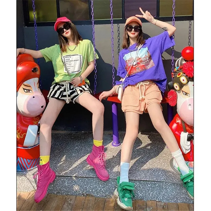 Striped Pocket Street High Waisted Patchwork Summer Wide Leg Shorts Women Harajuku Korean Style Cargo Baggy Biker Shorts Female