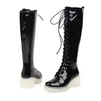

Spring Autumn Lacing Knee High Boots Women Fashion White Square Heel Long Boots Woman Leather Shoes Winter Large Size 34-43