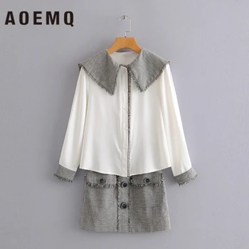 

AOEMQ Fashion Women Sets Blouses&Skirts Preppy Sweet Ruffled Collar Spring Shirts with Fluff Hole Skirts Sets Women Clothing
