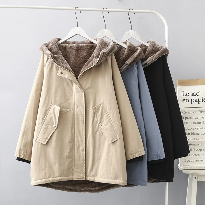 Versatile Winter New Style Casual Literature And Art Thick Berber Fleece Warm Loose-Fit Solid Color Hooded Cotton Coat Women's