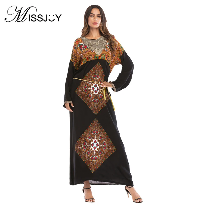 

Islamic clothing Fashion Muslim womens Full sleeve O-Neck Printed Turkish Morocco kaftan abaya Black dubai Long dress
