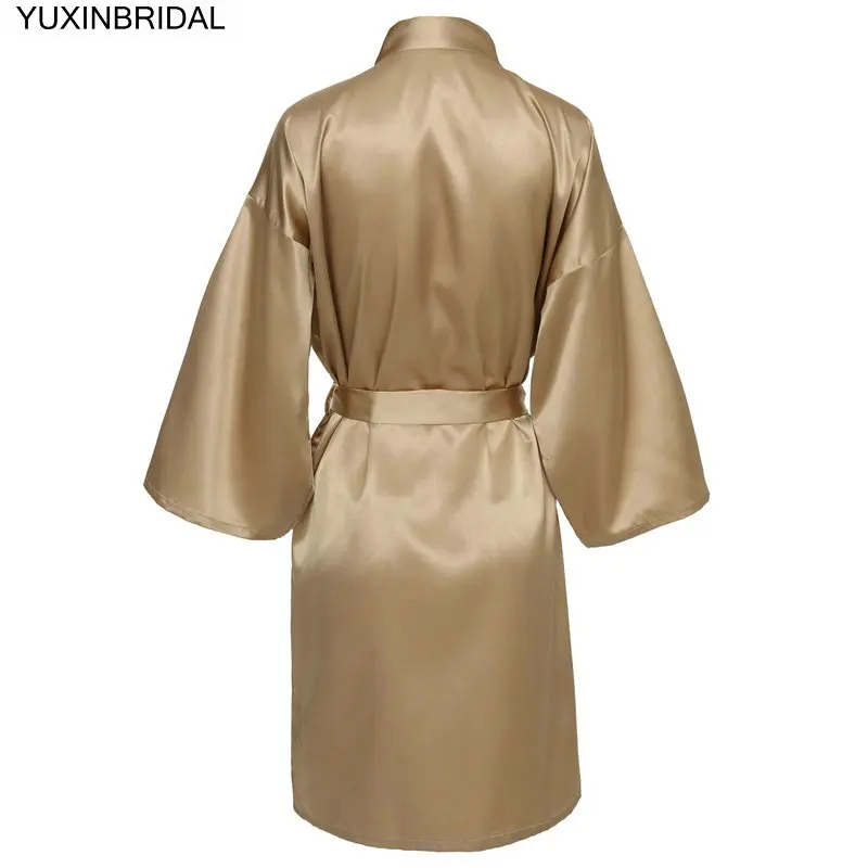 YUXNBRIDAL Атласный халат для невесты, Свадебный банный халат, одежда для невесты, Свадебный Однотонный женский халат до колена - Цвет: Gold