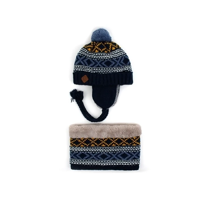 Детская зимняя шапка и шарф из Южной Кореи; костюм для мальчиков; ветрозащитная вязаная теплая шапка с воротником; детская зимняя шапка из плотного флиса с ушками - Цвет: Navy Hat Scarf Suit