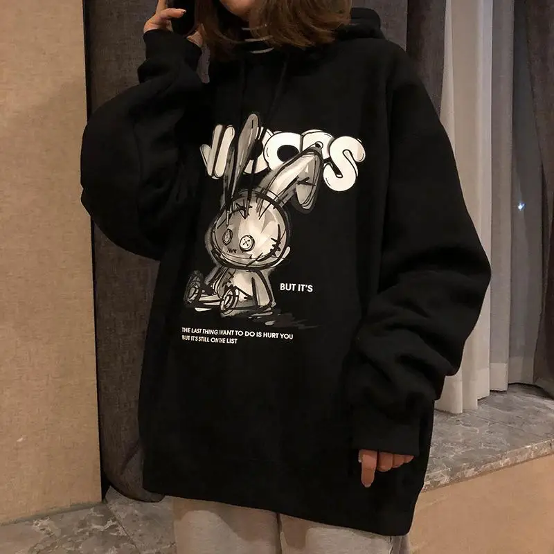 QWEEK Gothic Harajuku Hoodies Women Streetwear Dark Rabbit Bunny Print Long Sleeve Black Tops Mall Goth Clothing Alt 2021 Autumn