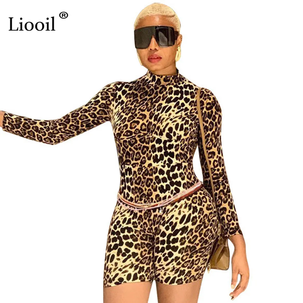 

Liooil Leopard Print Bodycon Playsuit Sexy Jumpsuit Women 2020 Long Sleeve O Neck Party Tight Short Club Rompers Womens Jumpsuit