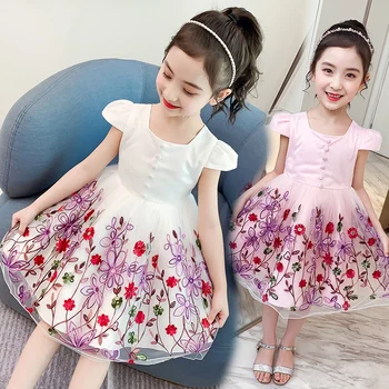 

Summer New Baby Girls Dresses Cute Embroidery Floral Party Princess Dresses Bow Fashion Sequins Kids Clothes for 6 8 10 12 Years