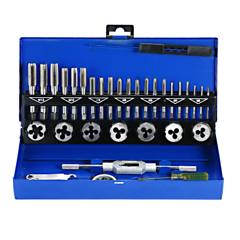 Ручной набор инструментов для нарезания резьбы 32 шт. HSS кран и штамповочный набор метрический гаечный ключ M3-M12 кран и штамповочный набор