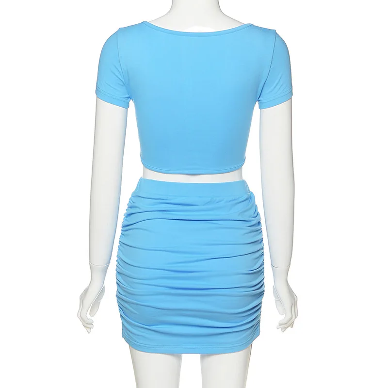 Solid Color V Neck Short Sleeve Two Piece Set Women Sexy Crop Top And Mini Skirt Women Summer Fashion 2 Piece Set Women