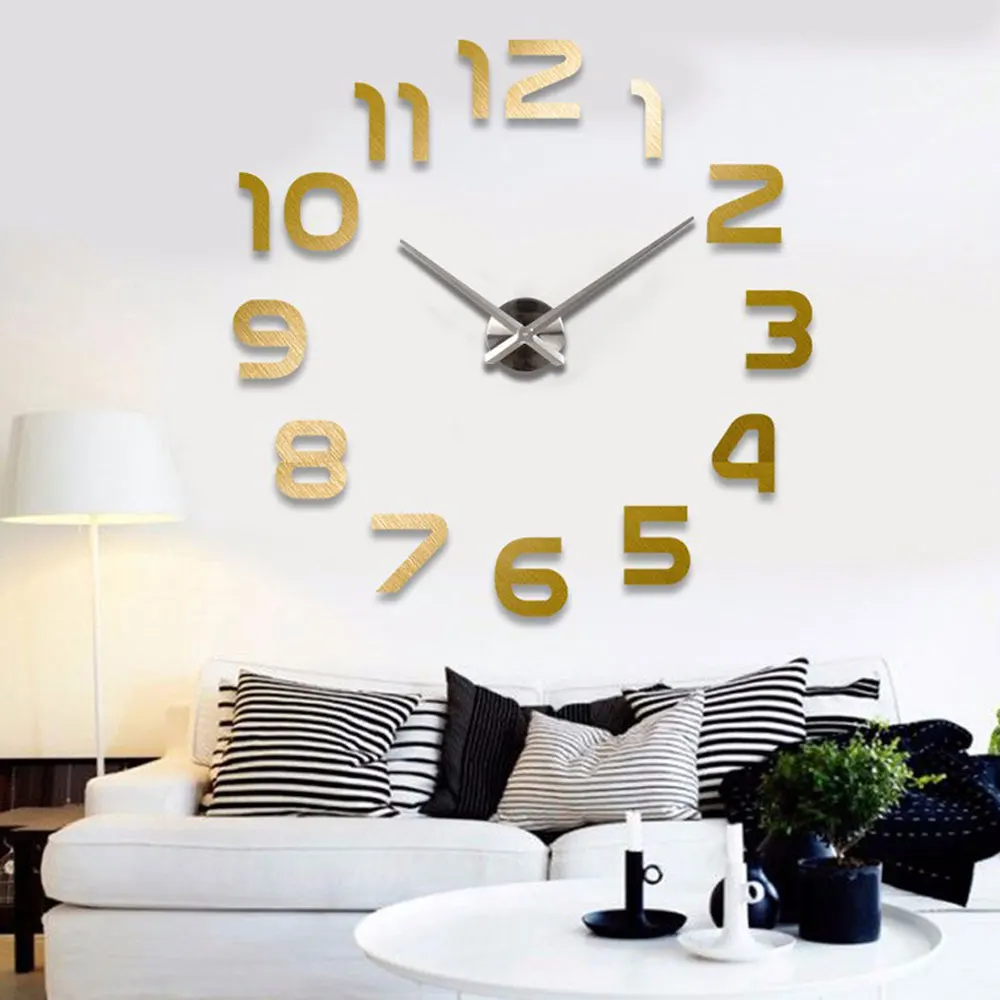 Gold Большие 3D DIY настенные часы современный дизайн бесшумные большие цифровые акриловые самоклеящиеся настенные часы Наклейка для декора гостиной - Цвет: Gold