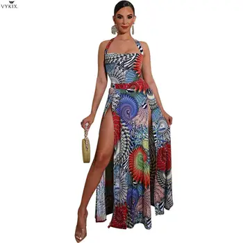 

2020 Women Summer Long Maxi Dress Slash Neck Print Open Fork Beach Party Night Club Bandage Dress Femme Elegant Dresses Vestidos