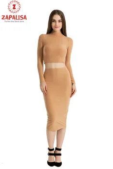 

Elegant Slim Solid Color Autumn Winter Dress 2 Piece Set Turtleneck Long Sleeve Sexy Crop Tops+Elastic High Waist Skirts