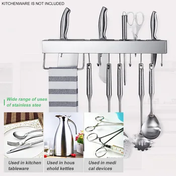 

With Hooks Multifunctional Organizer Stainless Steel Kitchen Utensil Holder No Drilling Wall Mounted Pot Pan Cutlery Rack Modern