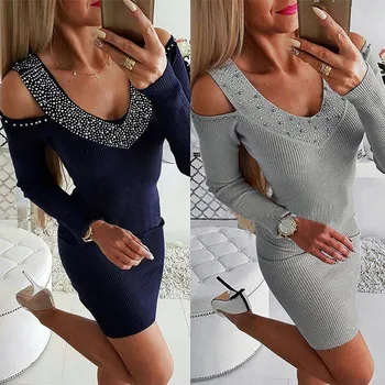 

Autumn Summer Sexy Deep-V Off-shoulder Women Dresses Bodycon Solid Elegant Office Lady Vintage Long Sleeve Dress