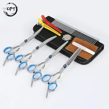 

DPT High Quality Pet Scissors 4PCS Dog Grooming Scissors 7Inch Stainless Steel Blue Straight Cut Bending Shear Tooth ScissorsKit
