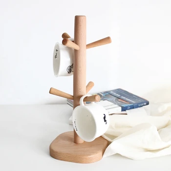 

SHGO HOT-Tree Shape Wood Coffee Tea Cup Storage Holder Stand Home Kitchen Mug Hanging Display Rack Drinkware Shelf with 6 Hooks-