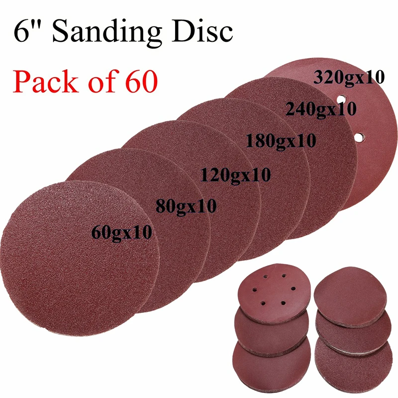 60PCS 150mm Sanding Disc (60, 80, 120, 180, 240, 320 Grit 10pcs / Each) Sanding Disc Part Tool
