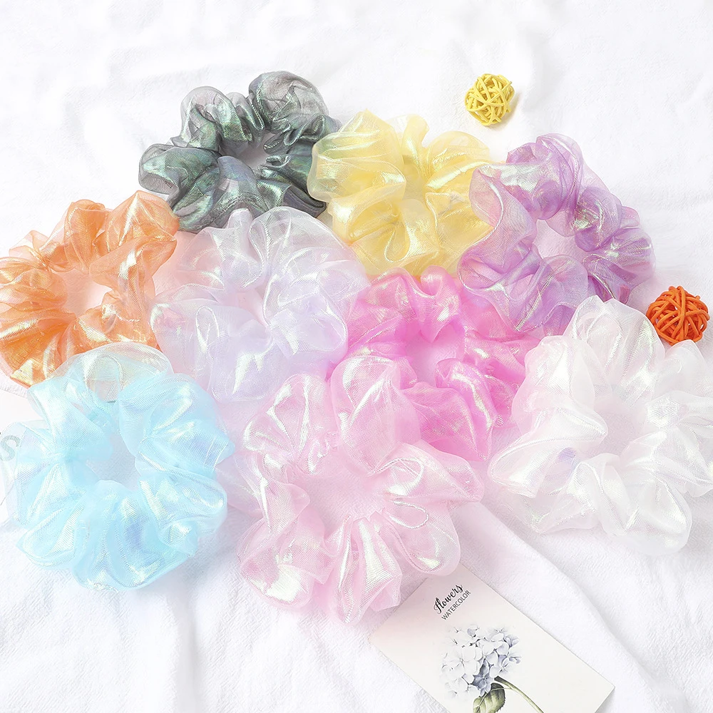 9 Pz/Lotto Delle Donne Legami Dei Capelli Set Di Colore Della Caramella Brillante Organza Scrunchy Confezione Bulk Schrunchy Lotto Di Scintillio Di Bl
