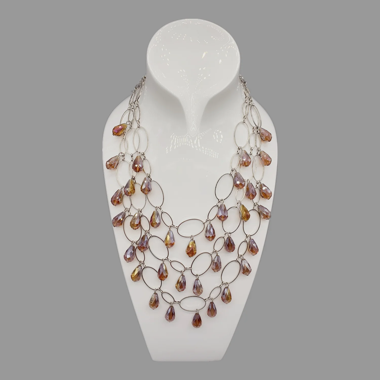 FoLisaUnique Strands Silver Oval Loop Chain Layers Stylish Trendy Jewelry Tear Drop Crystals Necklace For Women