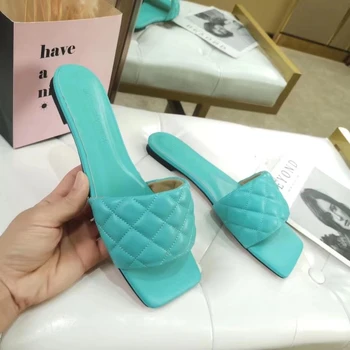 

2020 Brand Design Women slippers Elegant Square Toe Thin Flats Slippers Summer Outdoor Beach Slides Shoes